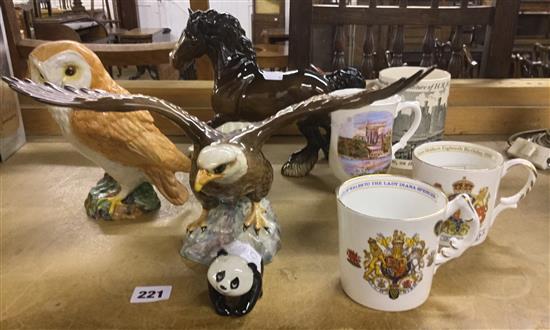 4 Beswick figures:  eagle, barn owl, panda and shire horse and 4 commemorative mugs